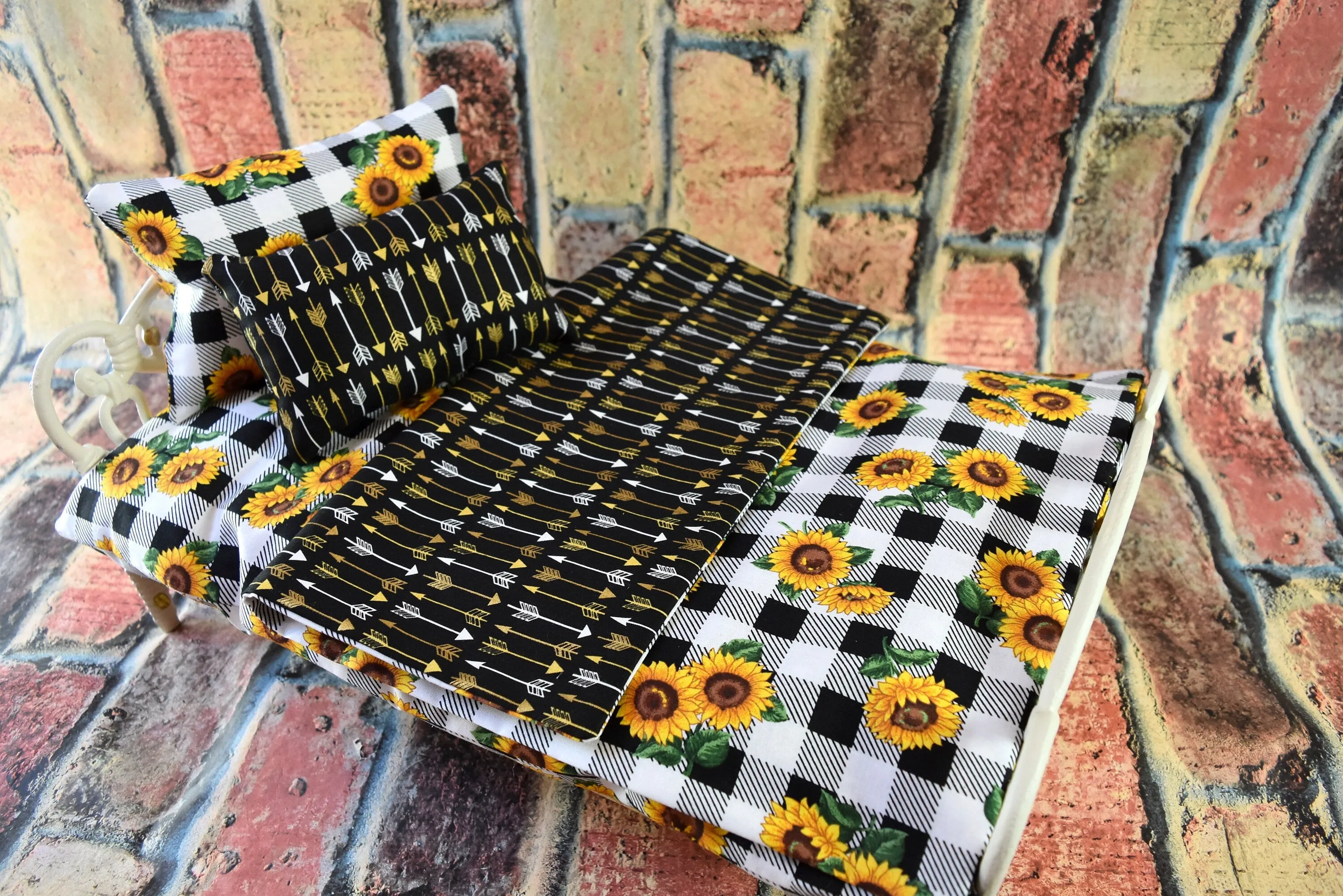 Sunflower Buffalo Check Doll Bedding Set for 18" Dolls | Mattress Blanket and Pillows | Perfect Birthday or Christmas Gift