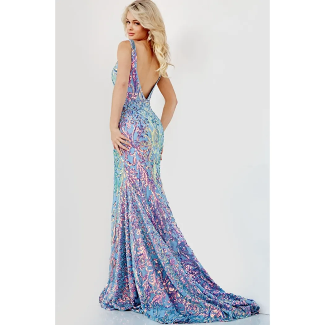 The Jovani Iridescent Blue V-Neck Sequin Embellished Gown
