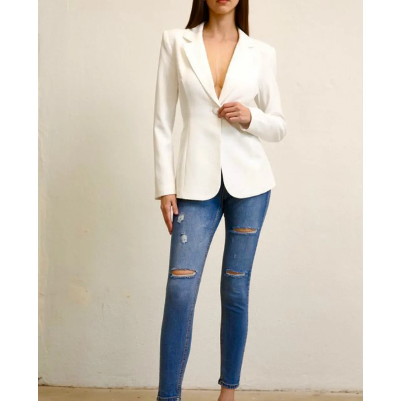 Tie Back White Blazer - White