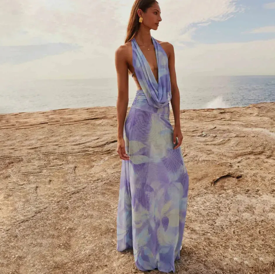 Tie Dye Halter Backless Maxi Dress Set