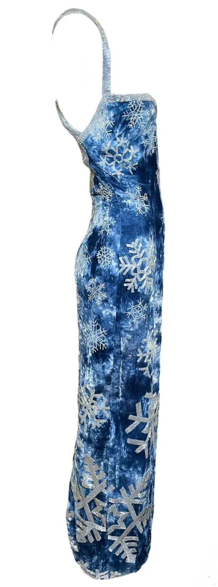 Todd Oldham Fall 1994 Super Rare Blue Velvet Gown with Beaded Snowflakes