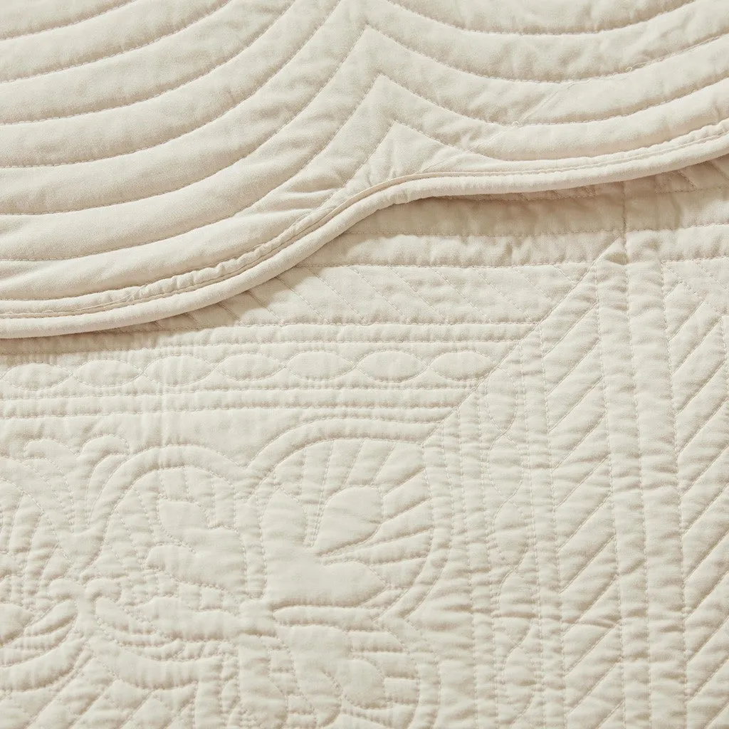 Tuscany 3 Piece Reversible Scalloped Edge Coverlet Set - Cream