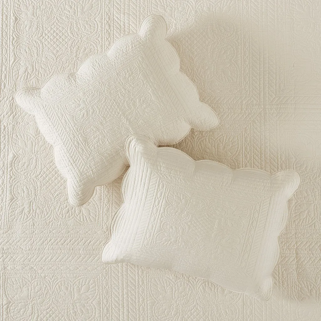 Tuscany 3 Piece Reversible Scalloped Edge Coverlet Set - Cream