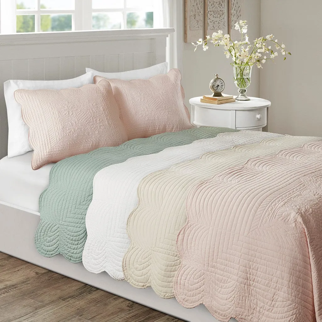 Tuscany 3 Piece Reversible Scalloped Edge Coverlet Set - Cream