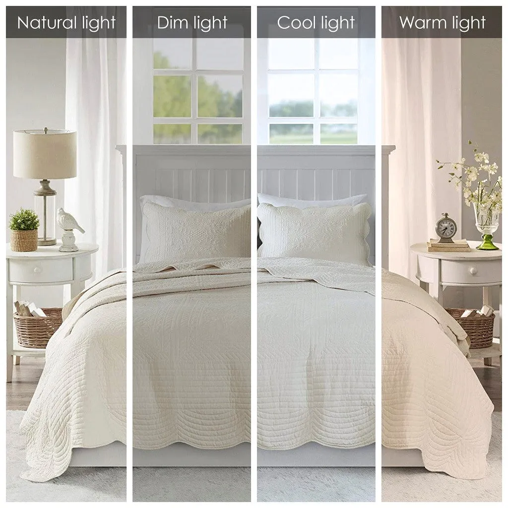 Tuscany 3 Piece Reversible Scalloped Edge Coverlet Set - Cream