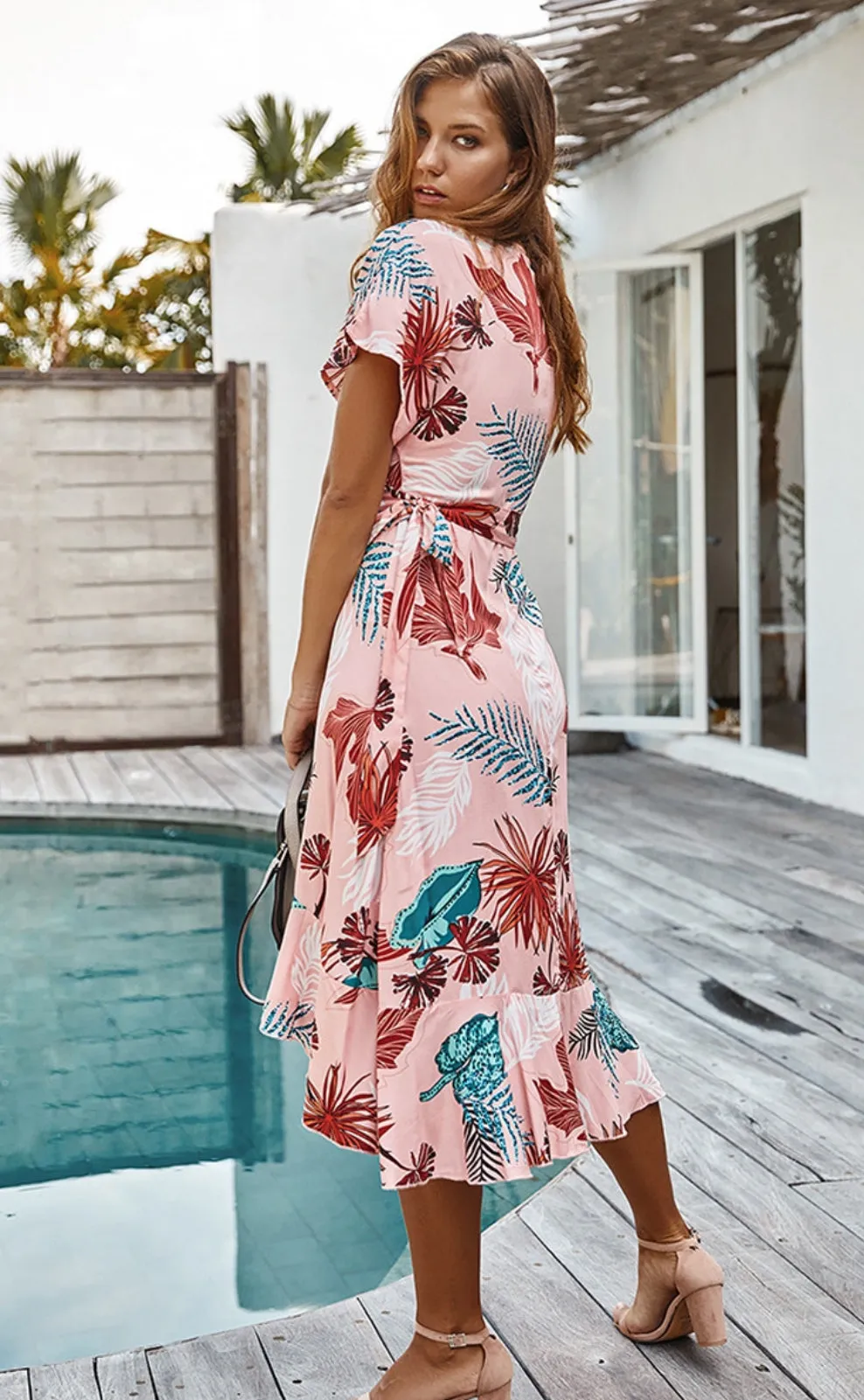 V-Neck Wrap Floral Ruffle Dress