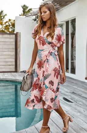V-Neck Wrap Floral Ruffle Dress