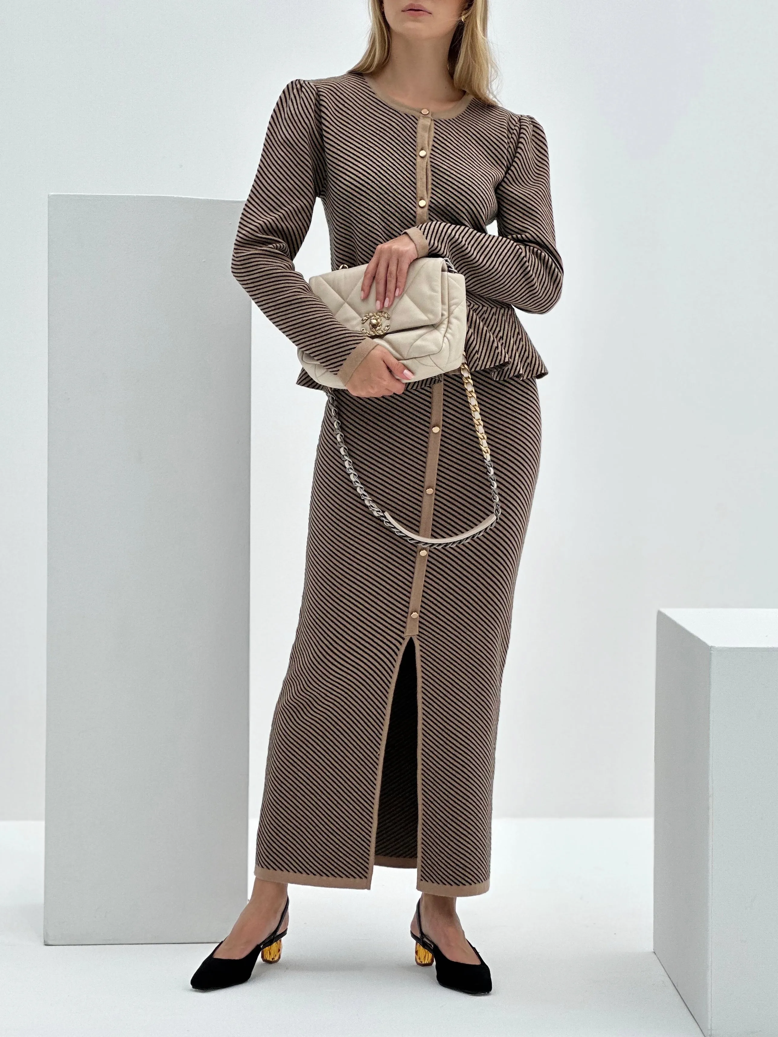Vina Knitted Stripe Maxi Skirt | Coffee & Black