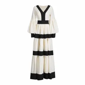 White And Black Maxi Dress Patchwork Lantern Sleeve V Neck Long Dress