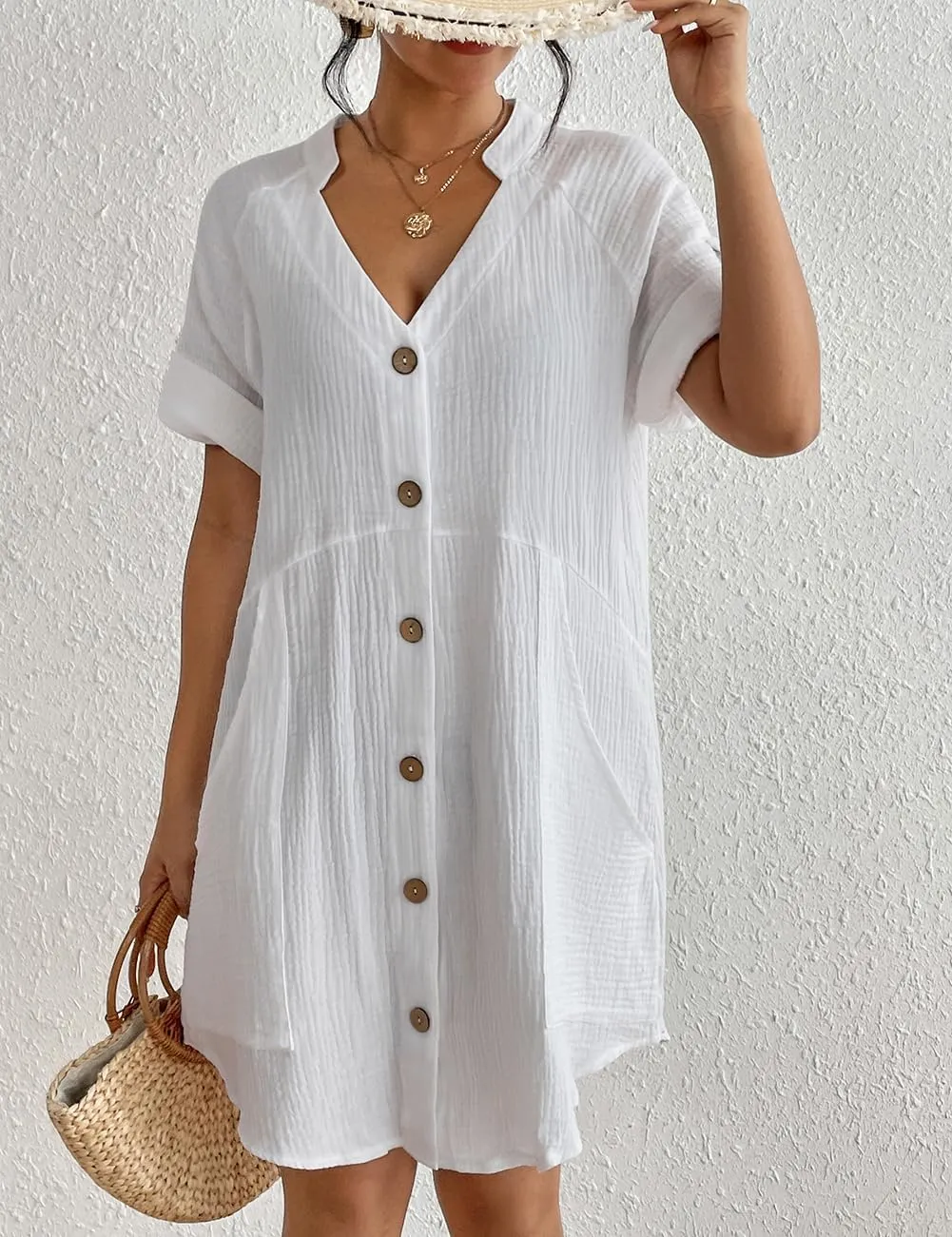 White Lightweight Pocketed Short Sleeve Beach Dress
