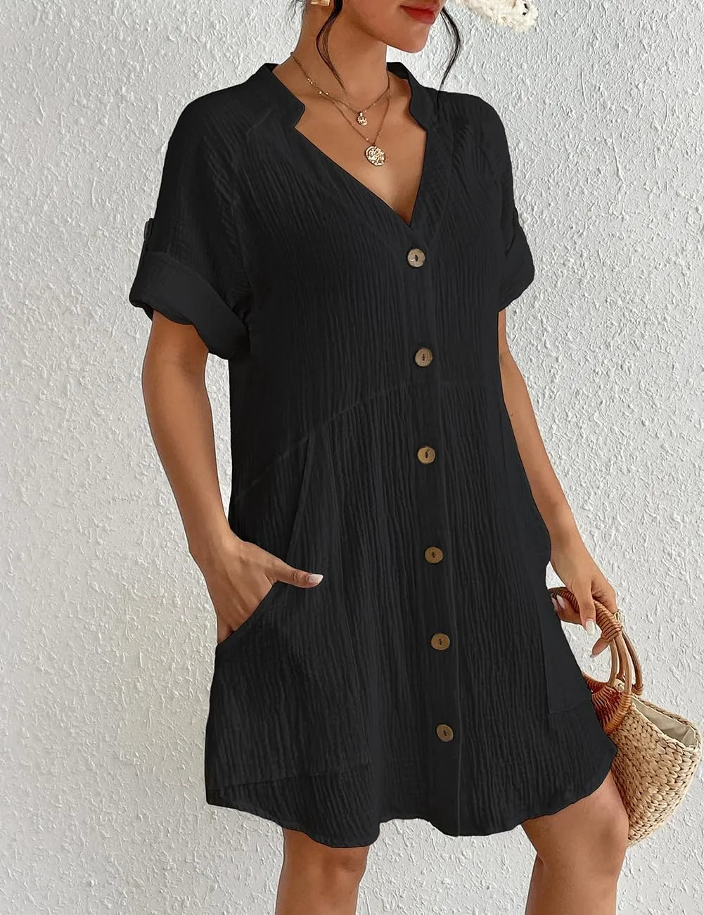 White Lightweight Pocketed Short Sleeve Beach Dress