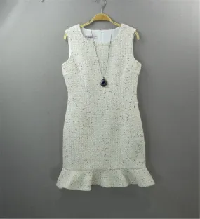 White Round Neck Tweed Fishtail Dress 4 Colours for Womens