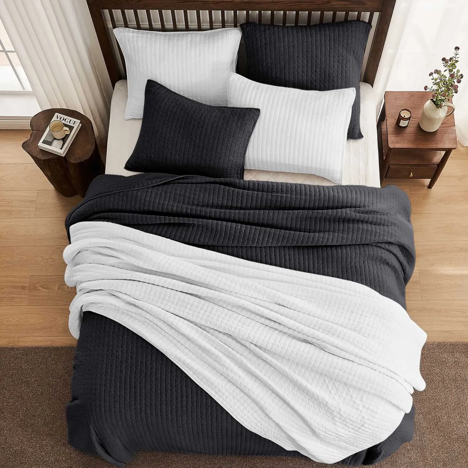 Wonderful 100% Cotton Jersey Detailed Channel Stitch All-Season 3-Piece Reversible Quilt Set