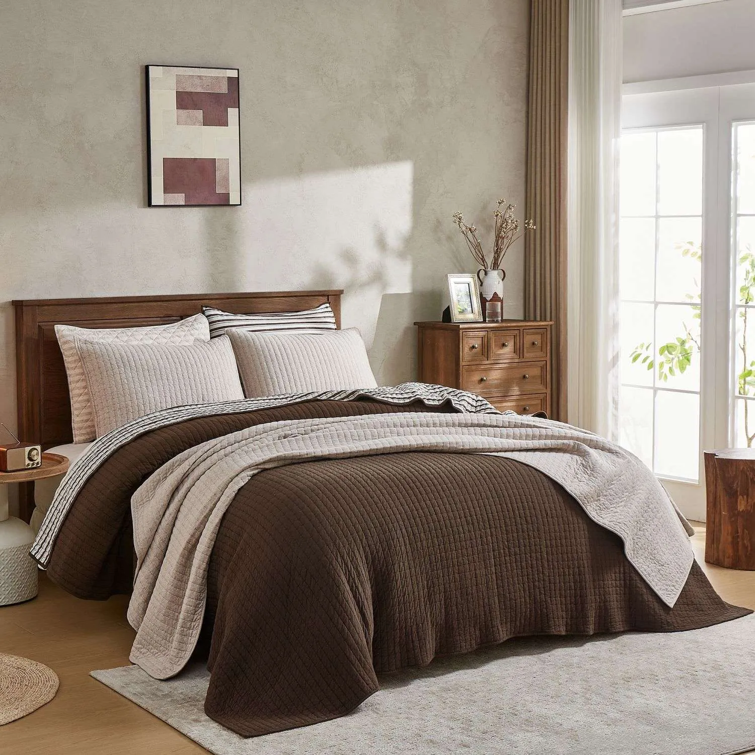 Wonderful 100% Cotton Jersey Detailed Channel Stitch All-Season 3-Piece Reversible Quilt Set
