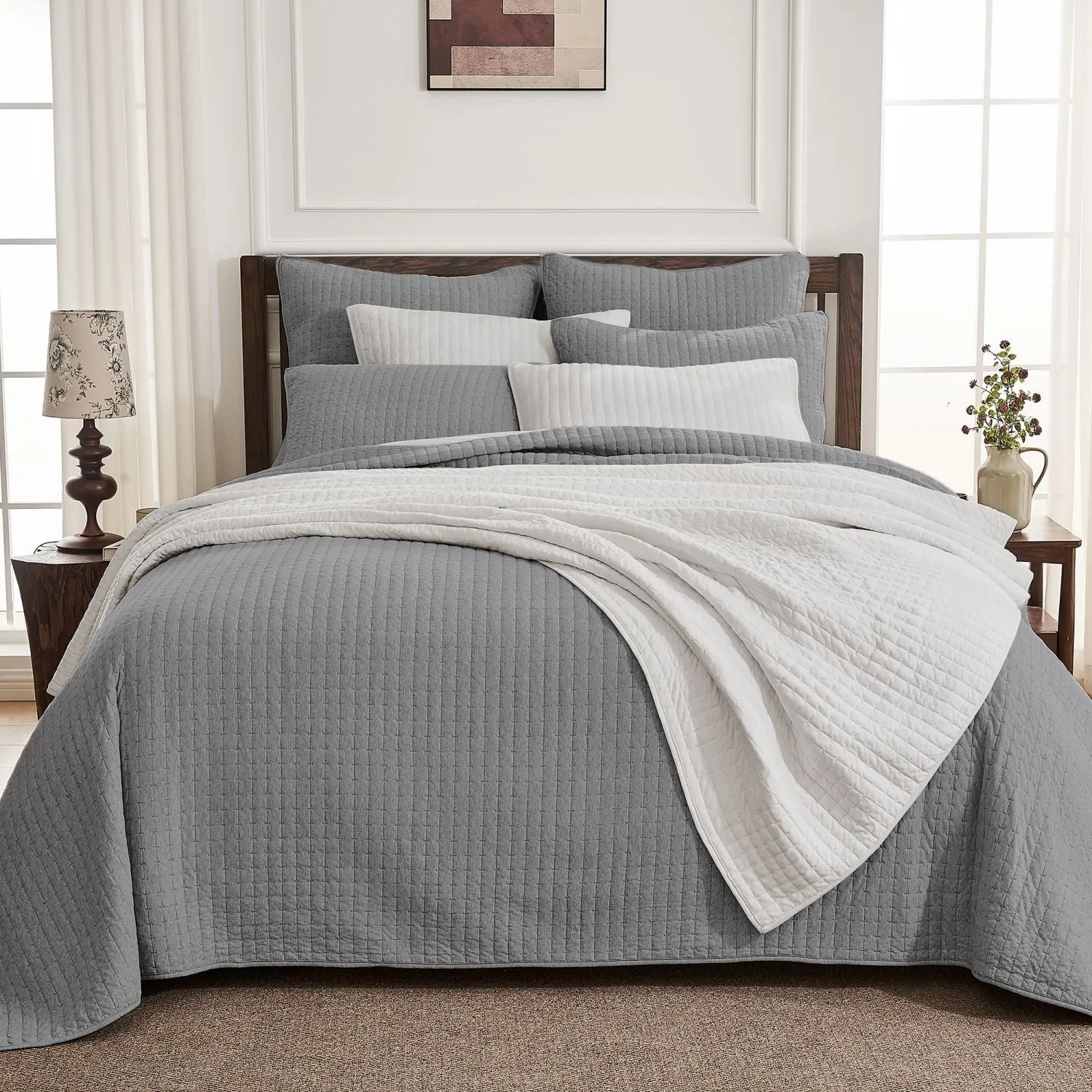 Wonderful 100% Cotton Jersey Detailed Channel Stitch All-Season 3-Piece Reversible Quilt Set