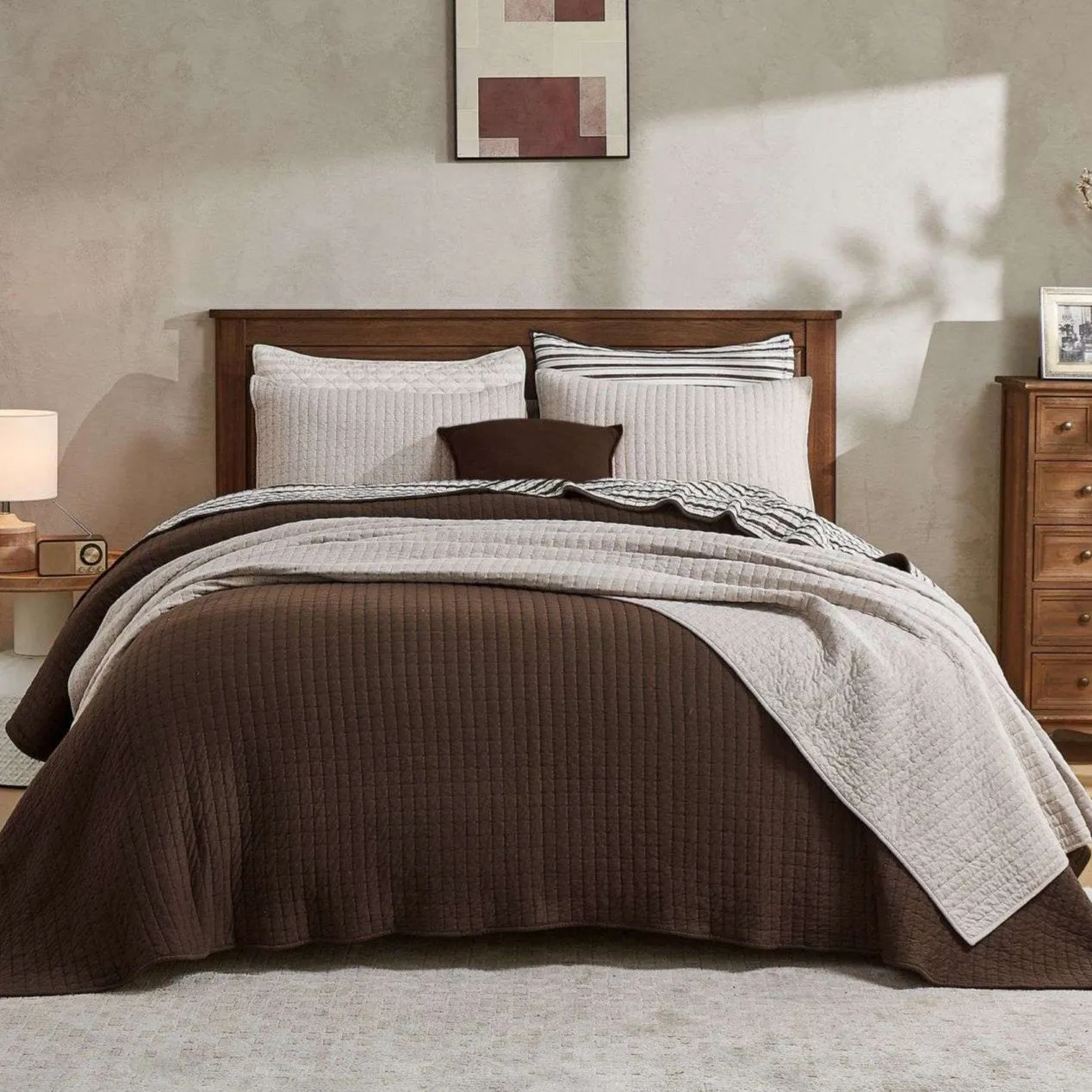 Wonderful 100% Cotton Jersey Detailed Channel Stitch All-Season 3-Piece Reversible Quilt Set