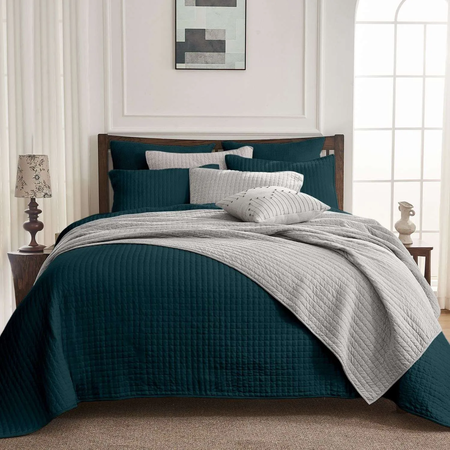 Wonderful 100% Cotton Jersey Detailed Channel Stitch All-Season 3-Piece Reversible Quilt Set