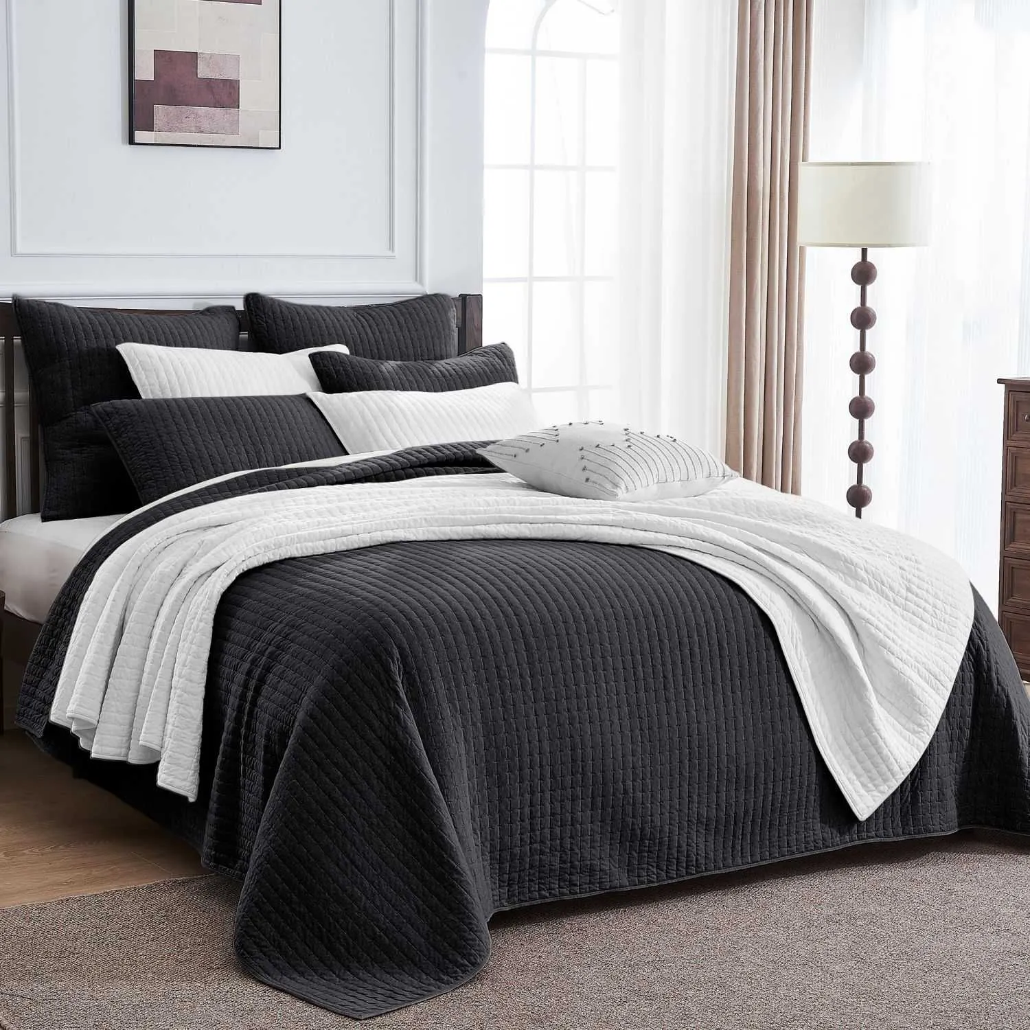 Wonderful 100% Cotton Jersey Detailed Channel Stitch All-Season 3-Piece Reversible Quilt Set
