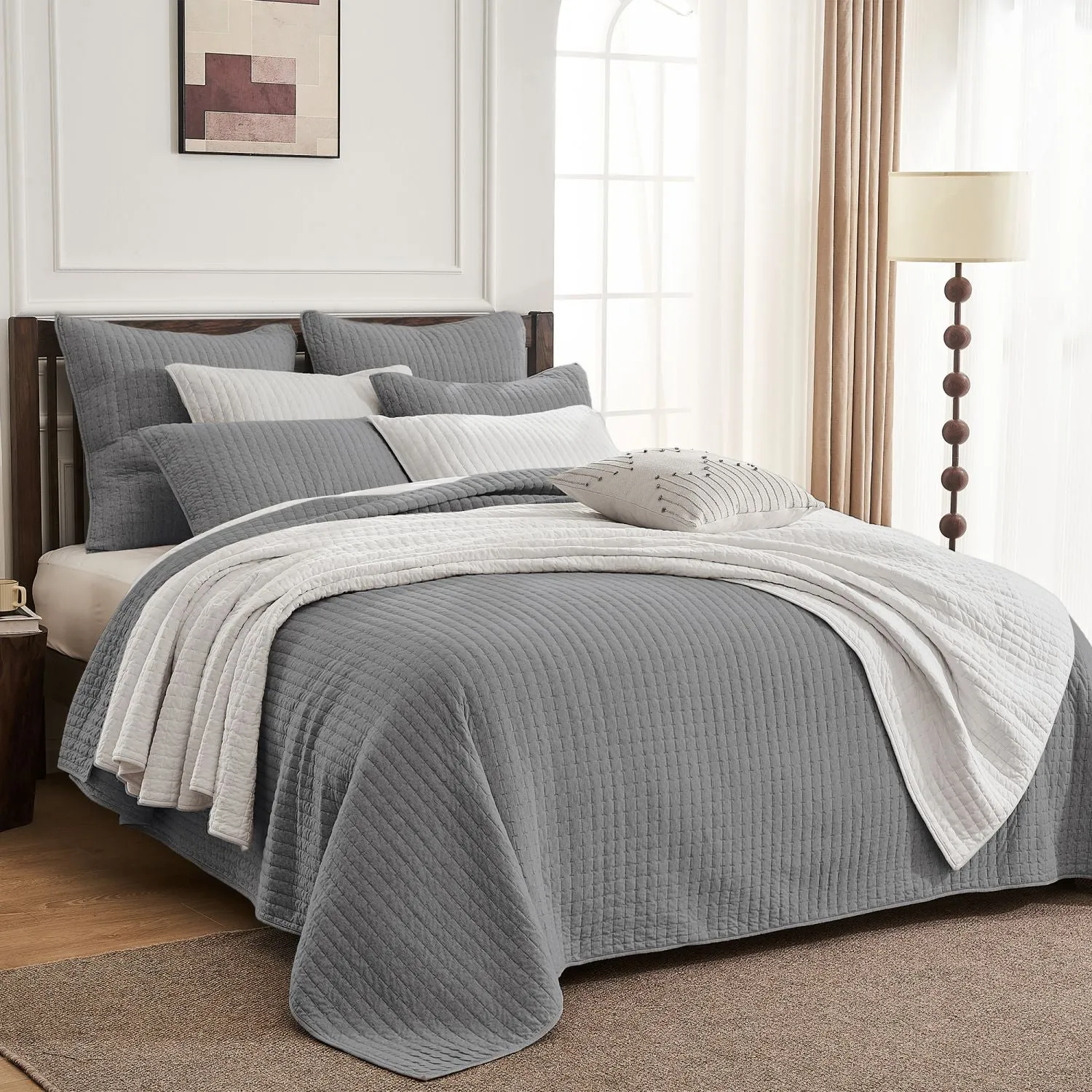 Wonderful 100% Cotton Jersey Detailed Channel Stitch All-Season 3-Piece Reversible Quilt Set