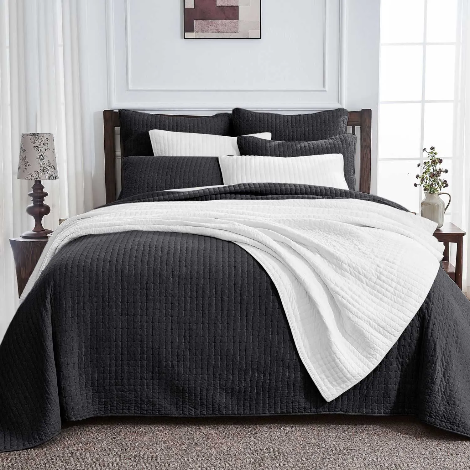 Wonderful 100% Cotton Jersey Detailed Channel Stitch All-Season 3-Piece Reversible Quilt Set