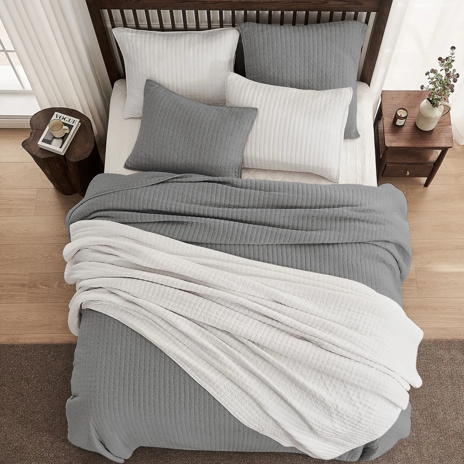 Wonderful 100% Cotton Jersey Detailed Channel Stitch All-Season 3-Piece Reversible Quilt Set