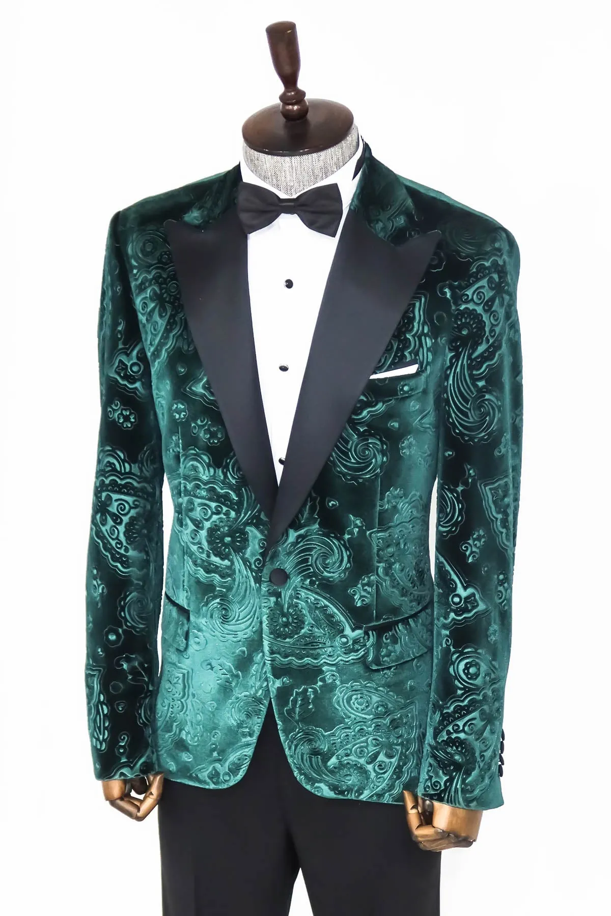 WSS Floral Patterned Velvet Green Men Prom Blazer  - Singen