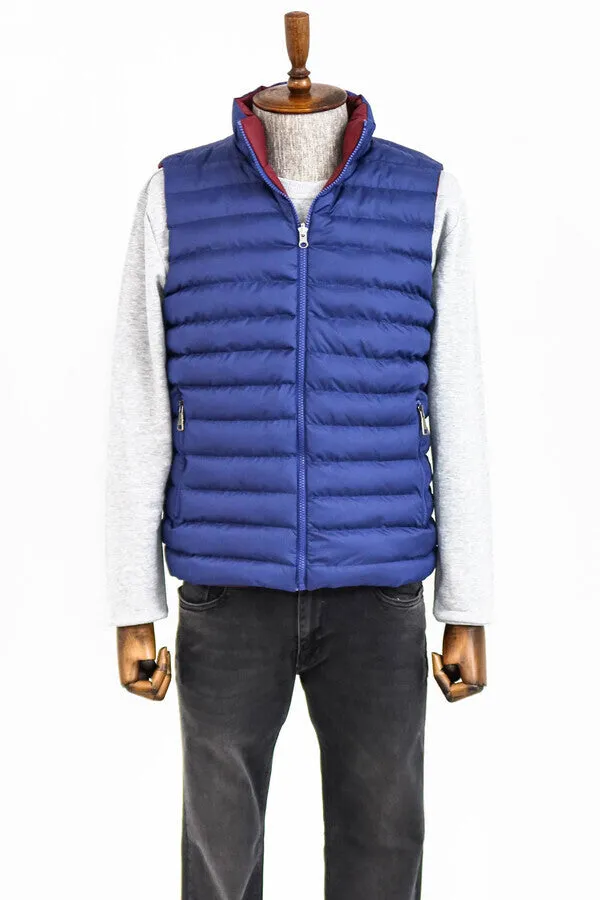 WSS Reversible Quilted Standing Collar Indigo Blue Men Down Vest  - Singen