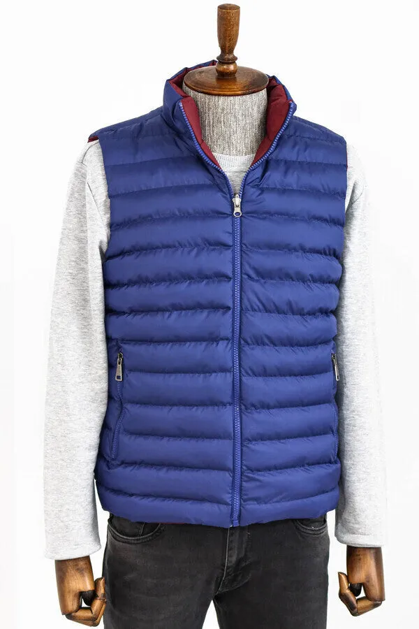WSS Reversible Quilted Standing Collar Indigo Blue Men Down Vest  - Singen