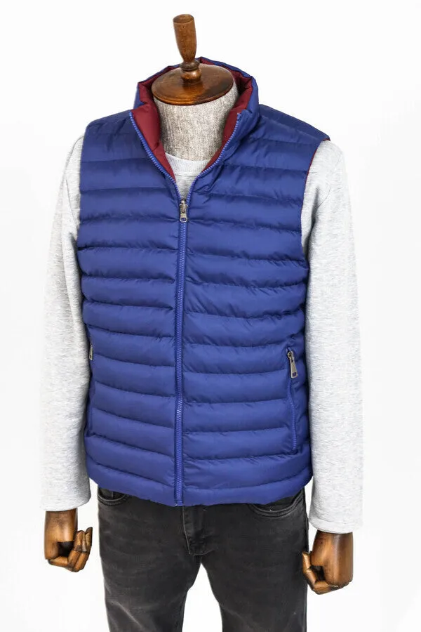 WSS Reversible Quilted Standing Collar Indigo Blue Men Down Vest  - Singen