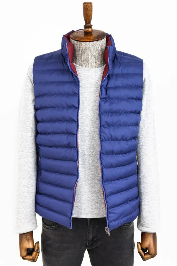 WSS Reversible Quilted Standing Collar Indigo Blue Men Down Vest  - Singen