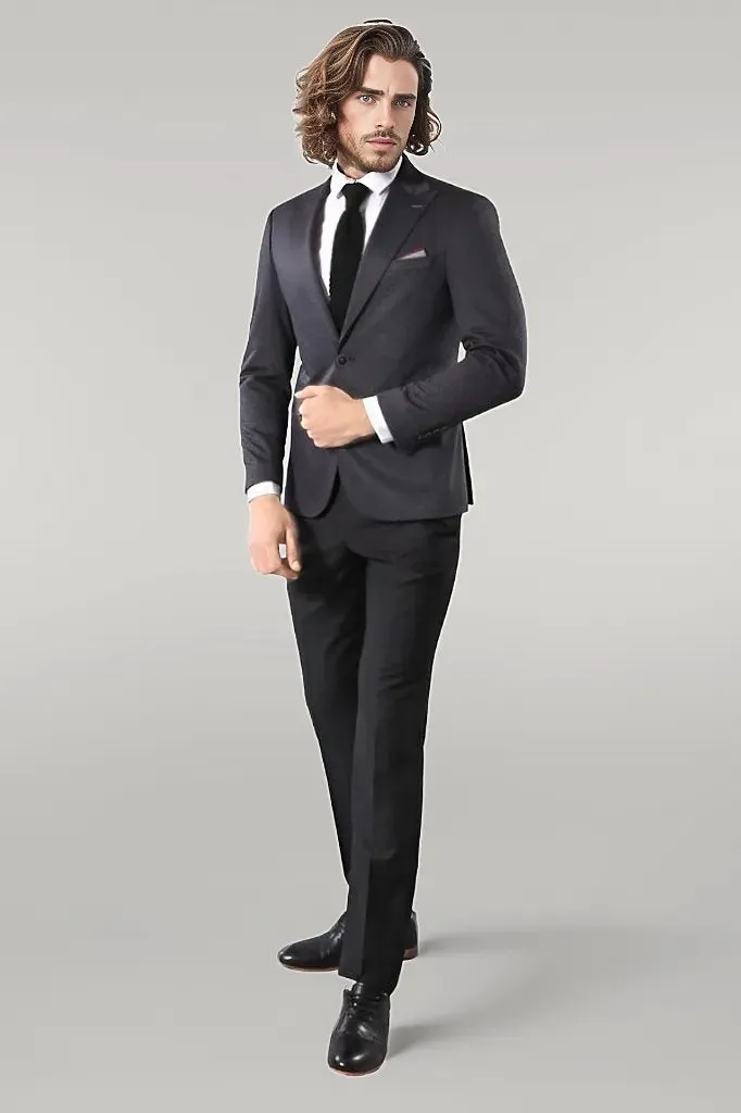 WSS Single Button Double Vent Pointed Collar Navy Blue Blazer  - Singen