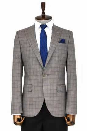 WSS Slim Fit Peak Lapel Checked Grey Men Blazer  - Singen