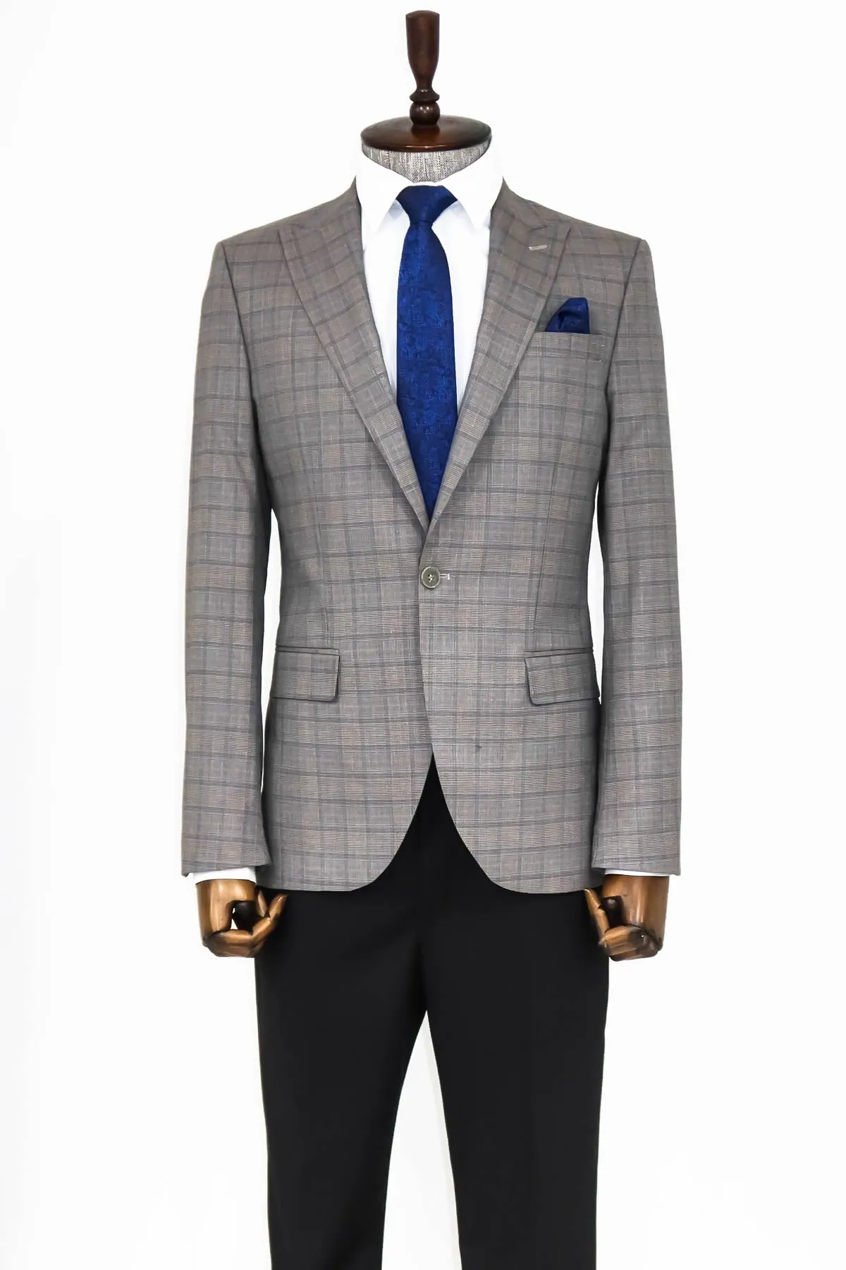 WSS Slim Fit Peak Lapel Checked Grey Men Blazer  - Singen