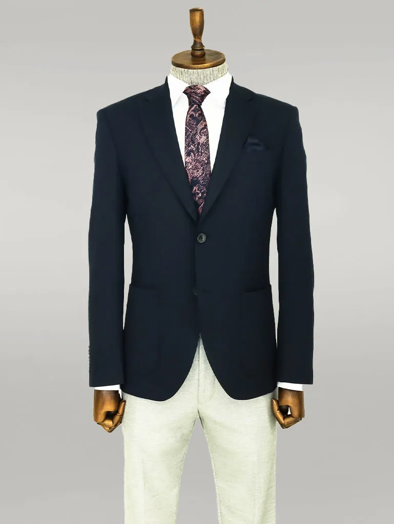 WSS Textured Slim Fit Peak Lapel Navy Blue Men Blazer  - Singen