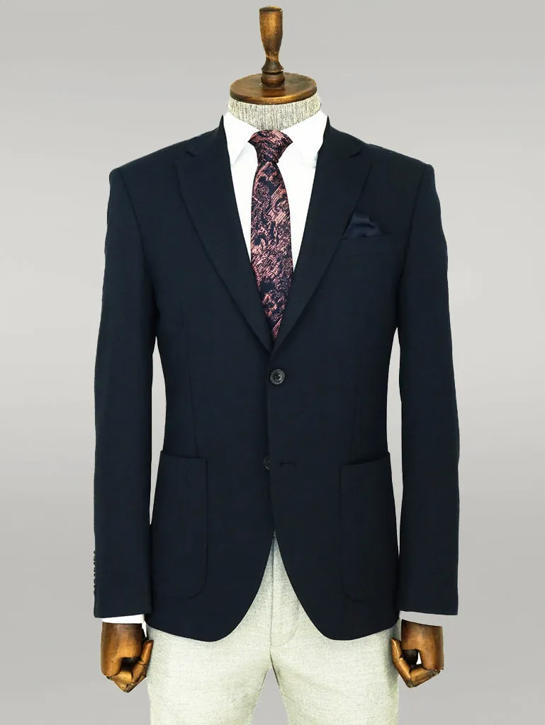 WSS Textured Slim Fit Peak Lapel Navy Blue Men Blazer  - Singen