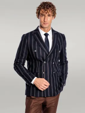 WSS Wide Lapel Striped Double Breasted Navy Blue Men Blazer  - Singen