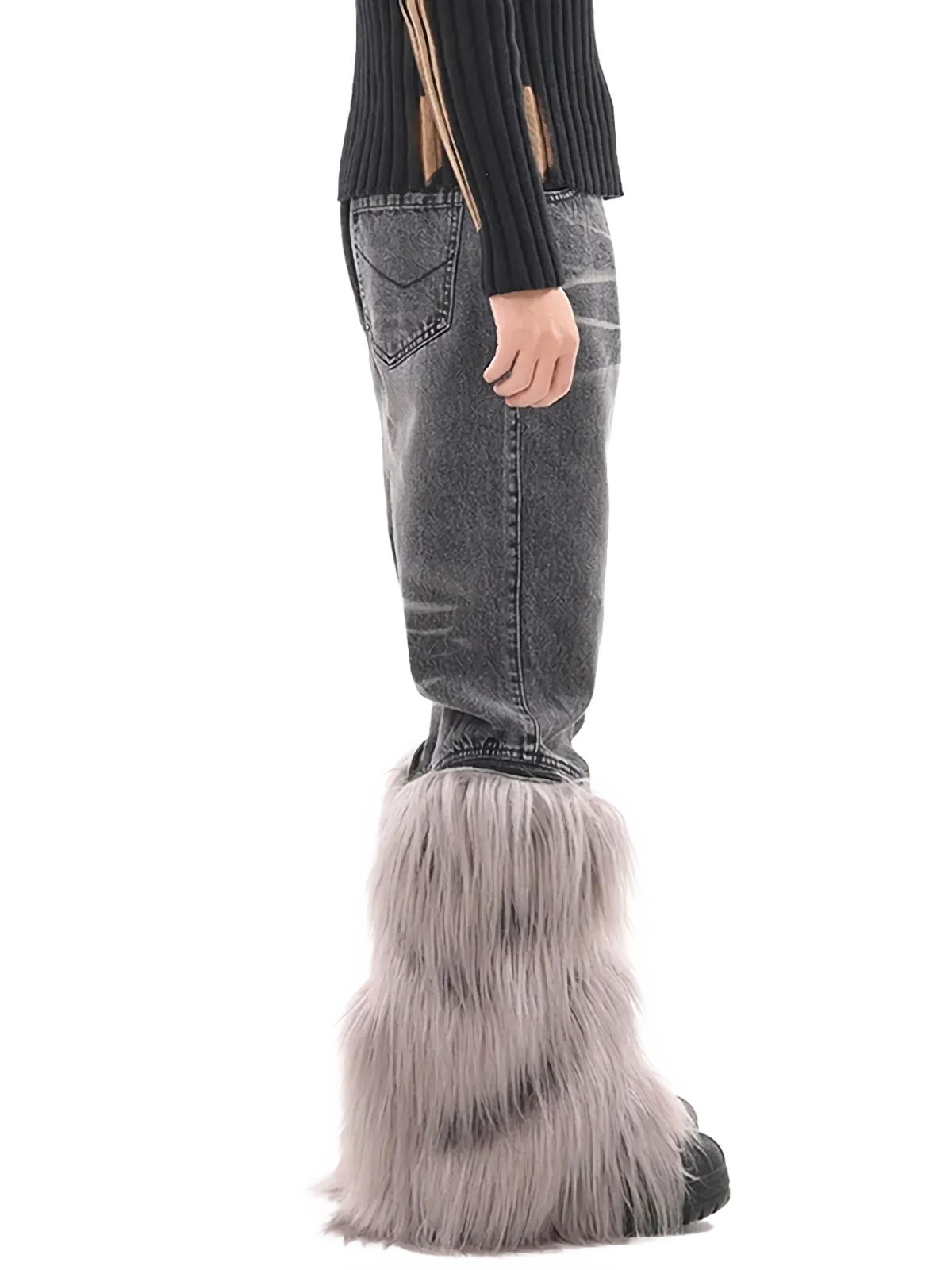 'Yeti' Fur Trimmed Bootcut Gray Denim Jeans