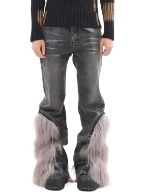 'Yeti' Fur Trimmed Bootcut Gray Denim Jeans