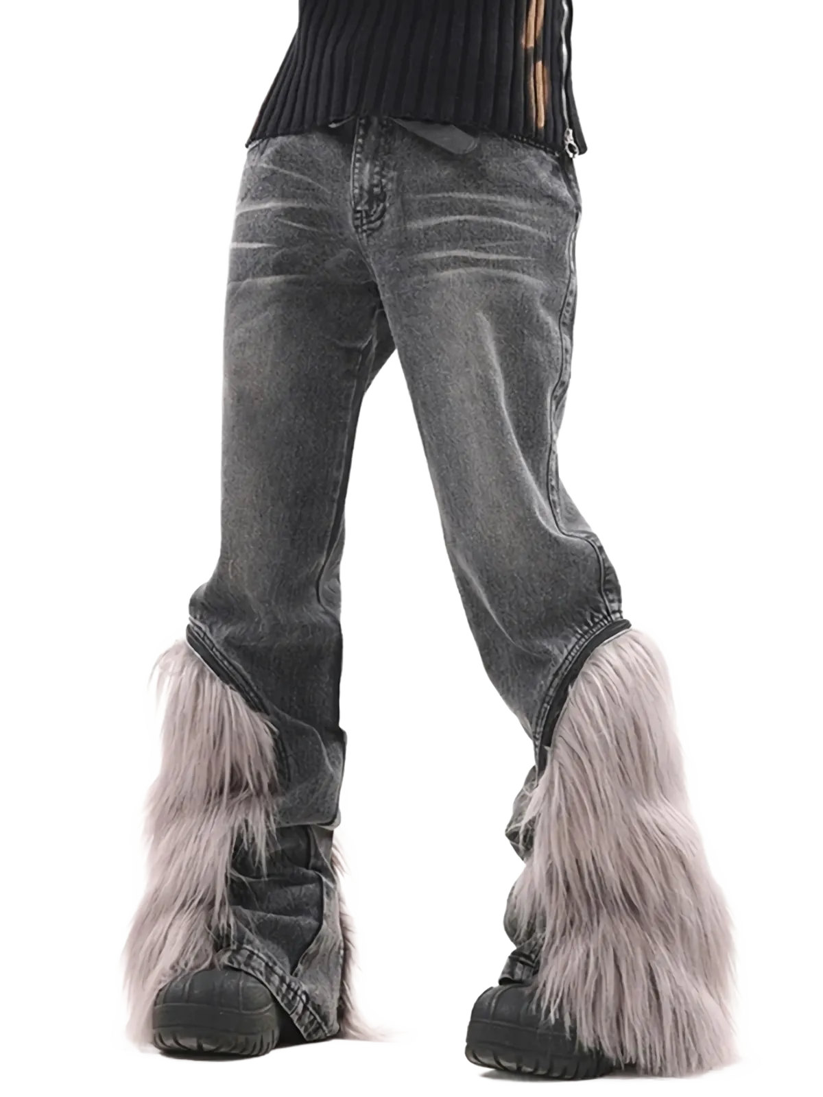 'Yeti' Fur Trimmed Bootcut Gray Denim Jeans
