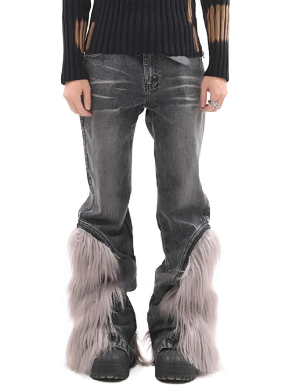 'Yeti' Fur Trimmed Bootcut Gray Denim Jeans